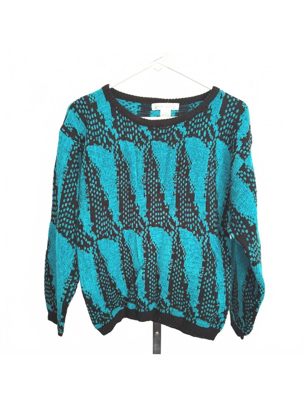 Jamie Scott Women's Sweater Size L Black and Turquoise Patterned Acrylic